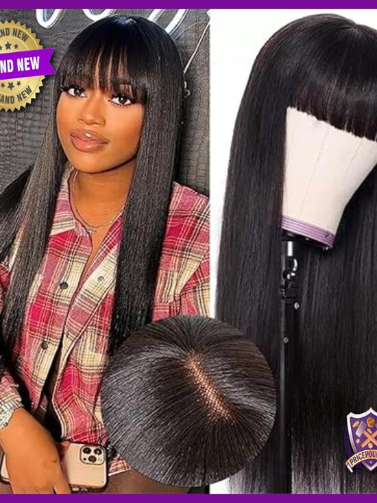 Straight Human Hair Wig with Bangs 20 Inch Glueless HD Lace